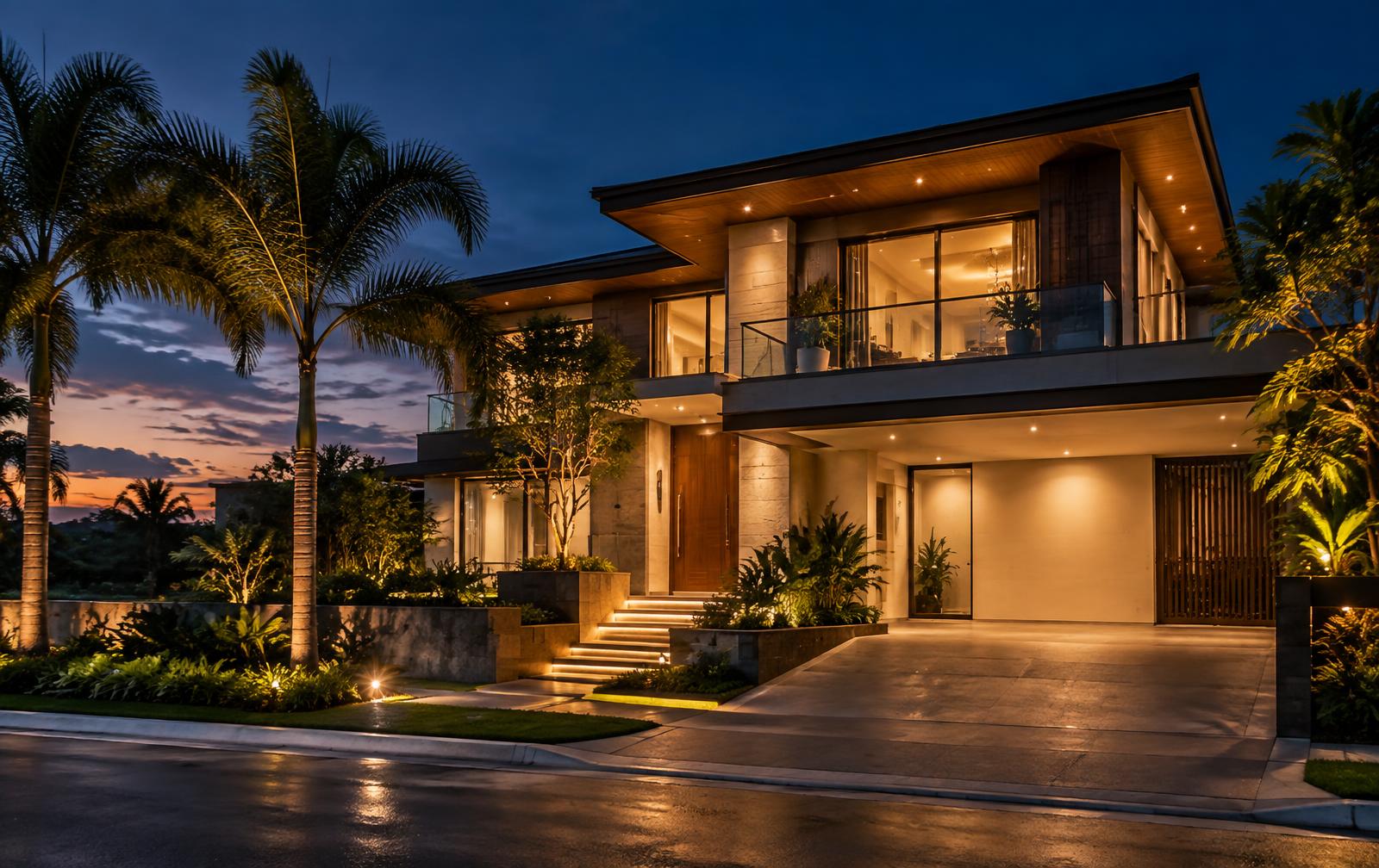 Modern Philippine residential property at twilight